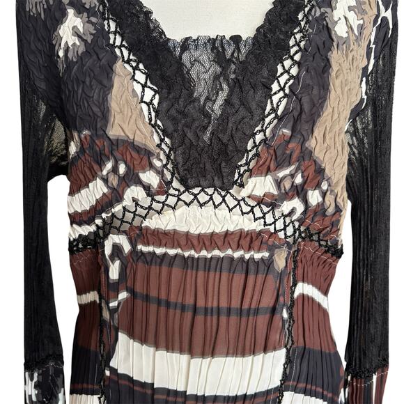 Alberto Makali Sheer Blouse Large Y2K Boho Crinkle Abstract Lace Stretchy Career - Picture 3 of 10